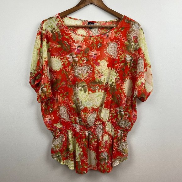 Rafaella Top L Floral Red Green Semi Sheer‎ Smocked Short Dolman Sleeve - Picture 1 of 9